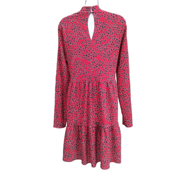 River Island Red Dress Size 18 Ditsy Floral Long Sleeve Mock Neck Tiered - Picture 3 of 11
